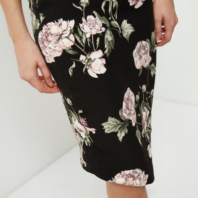 Black floral print wrap pencil skirt